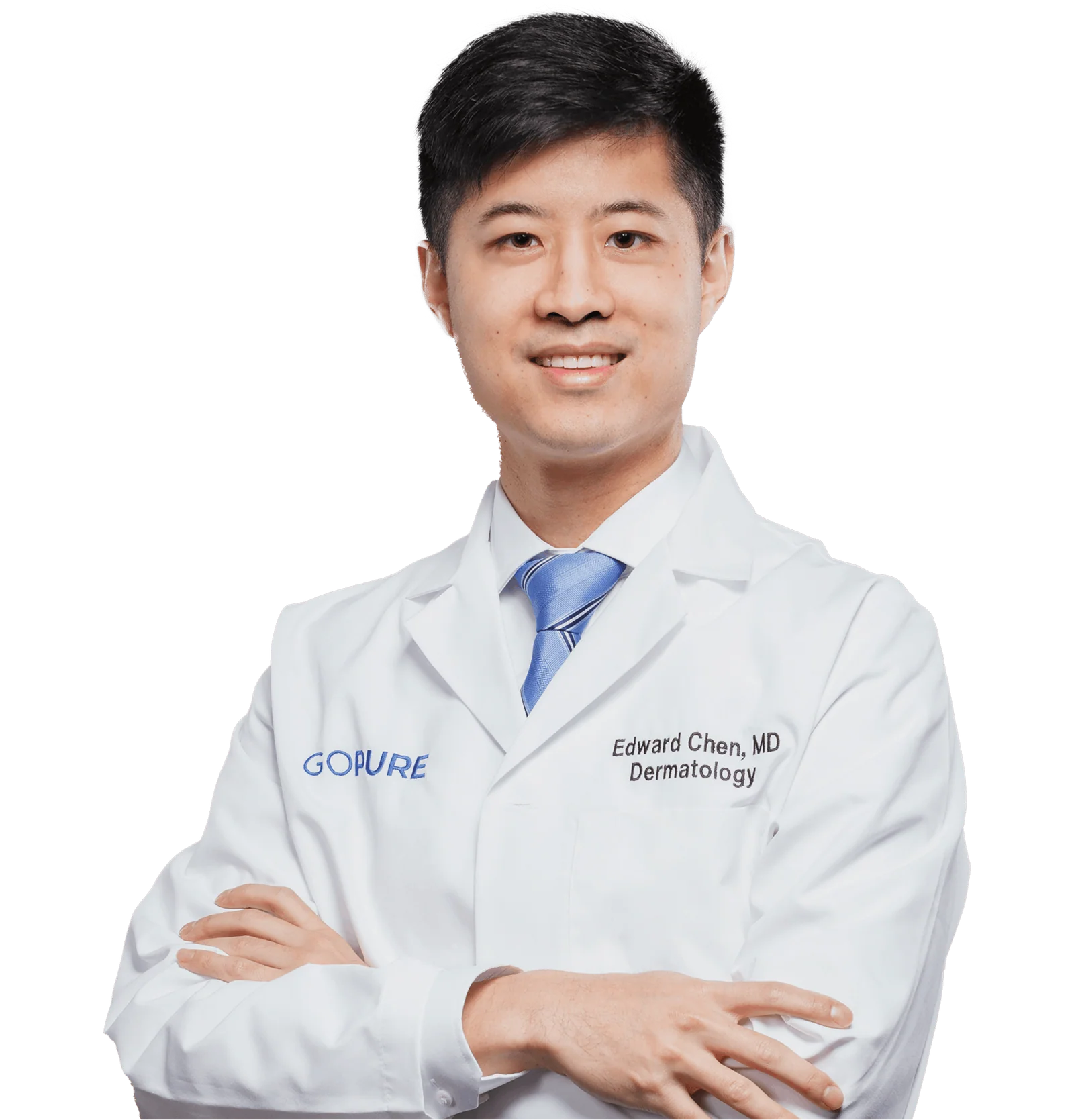 A smiling man in a white lab coat stands with arms crossed. He has short black hair and is wearing a light blue tie. The lab coat features the name "Edward Chen, MD" and the word "Dermatology." The left side of the coat has the word "GOPURE" embroidered. The background is plain black, making the subject stand out prominently.