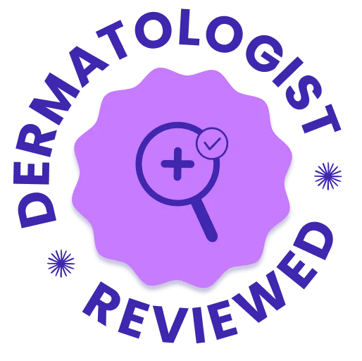A graphic featuring a purple badge with a magnifying glass icon that includes a plus sign and a checkmark. Surrounding the badge are the words "DERMATOLOGIST" and "REVIEWED" in bold, dark purple letters. The overall design conveys a sense of trust and endorsement by a dermatologist. The background is a lighter shade of purple, creating a visually appealing contrast.