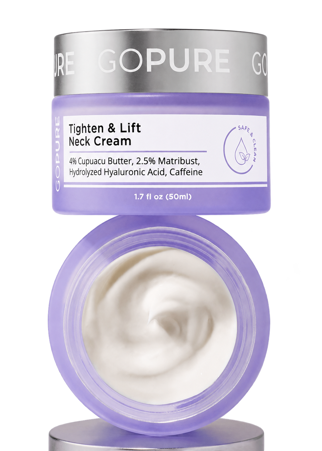 A jar of Gopure Tighten & Lift Neck Cream is displayed. The jar features a light purple color with a silver lid. The label includes product details, highlighting ingredients like 4% Cupuacu Butter, 2.5% Matrixbust, Hydrolyzed Hyaluronic Acid, and Caffeine. The cream inside is a smooth, creamy texture, showcasing its use for skin tightening and lifting. The jar has a capacity of 1.7 fl oz (50ml) and bears the words "Safe & Clean" prominently on the label.