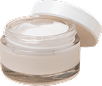 A small, clear glass jar with a white lid, containing a creamy, white substance inside. The jar is positioned slightly open, showcasing the smooth texture of the cream. The background is plain and green, emphasizing the jar and its contents.