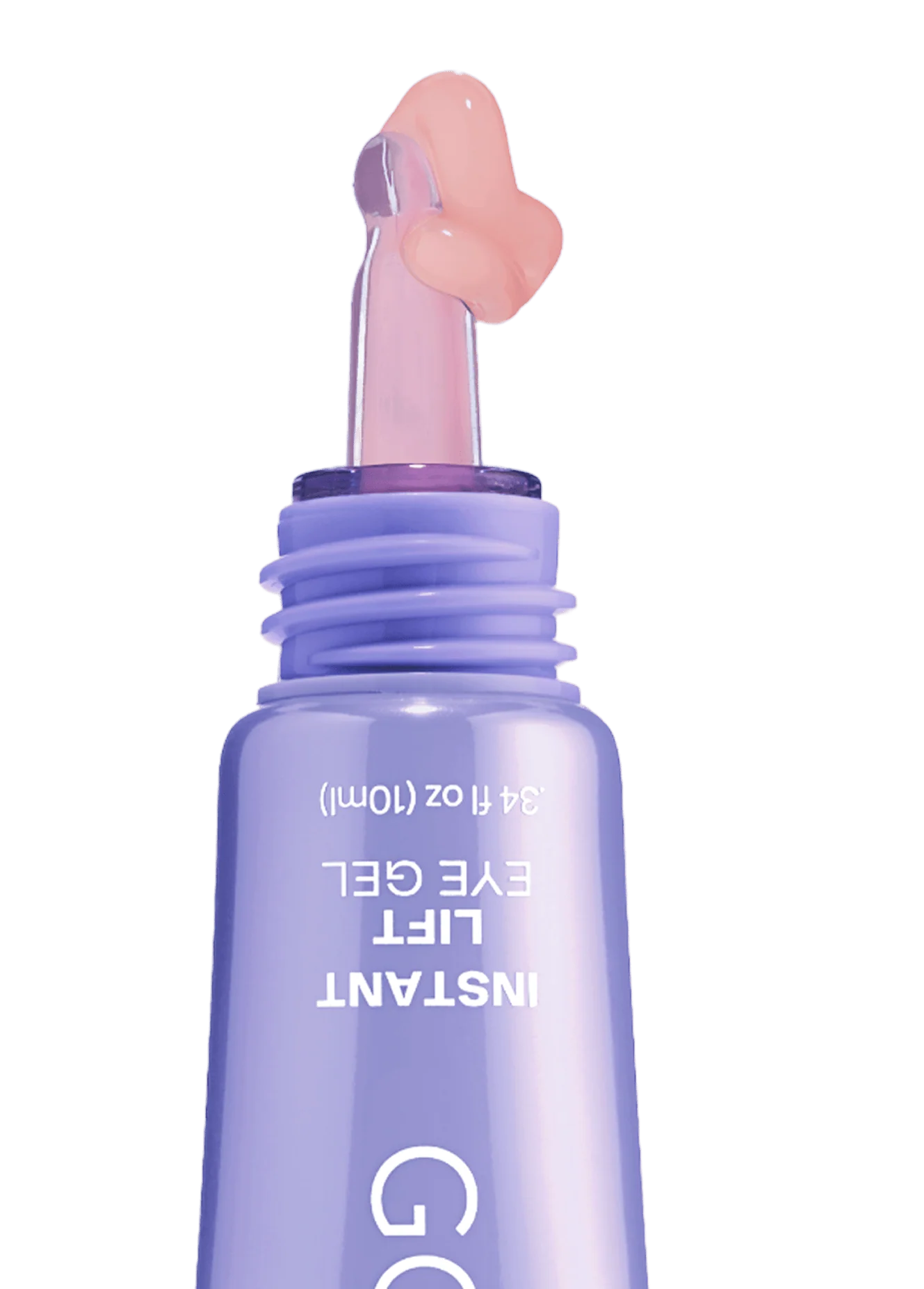 A close-up image of a purple tube of eye gel, displaying the product's applicator tip with a small amount of pink gel. The tube has a sleek design with text indicating "Instant Lift Eye Gel" in white. The packaging is oriented vertically, showcasing the glossy finish of the tube. The background is a solid green, emphasizing the product.