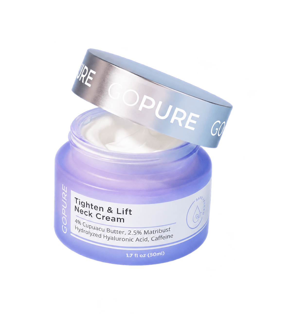 A jar of neck cream is shown with the lid partially opened. The cream is a light, fluffy texture, and the jar is labeled "Tighten & Lift Neck Cream." The container is a gradient of purple tones, with a silver lid that has the brand name "GOPURE" on it. The ingredients listed include Shea Butter, 2% Menthol, Sodium Hyaluronate, Acai, and Caffeine. The jar sits against a plain white background, emphasizing its sleek design.