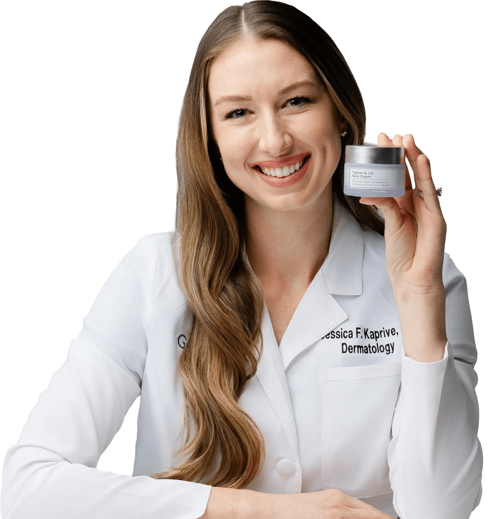 Dermatologist holding GoPure Tighten &amp; Lift face cream.